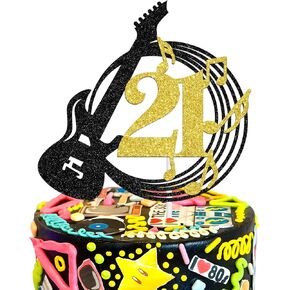 Guitar 21st Birthday Cake Topper, Music Theme 21st Birthday Cake Sign, Rockstar Theme Legal AF 21 Years Old Birthday Party Decorations Supplies
