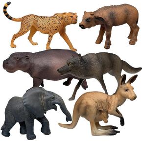 Gemini&Genius Wildlife Animal Toys for Kids with Wolf, Elephant, Leopard, Hippo, Buffalo, Kangaroo Safari Animal Action Figure Toys, Zoo Animal Playset, Gift for Kids Display or Cake Toppers (6Pcs)