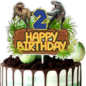 Dinosaur Happy 2nd Birthday Cake Topper - Dino Jungle Jurassic Dinosaur Second Birthday Party Decorations - Multi-layer Combination Park Cake Decor for Kids Two Years Old Boy Birthday, Gold