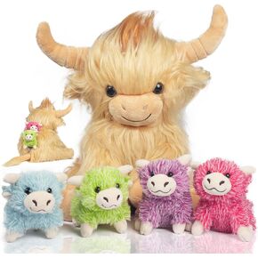 5 Pcs Highland Cow Stuffed Animals with Babies Inside 14" Scottish Stuffed Highland Cow Plush Toy Set Mommy and 4 Cute Babies Highland Cow Doll Easter Stuffers Gifts for Kids