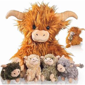 5 Pcs Highland Cow Stuffed Animals with Babies Inside 14" Scottish Stuffed Highland Cow Plush Toy Set Mommy and 4 Cute Babies Highland Cow Doll Easter Stuffers Gifts for Kids in Kuwait