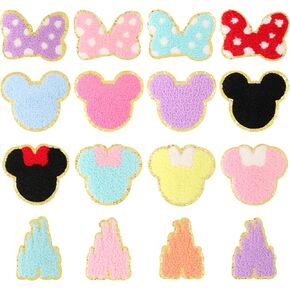 16 PCS Chenille Mouse Head Iron on Patches, CCOZN Colorful Chenille Mouse Castle Bowknot Embroidered Patches Sew On Embroidered Applique DIY Accessory for Clothing Hats Jackets Backpack Pants