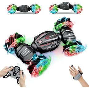 Gesture Sensing RC Stunt Car Toy for Boys Age 5-7 8-13, Birthday Gift for Boys, Rotate, Drift, Twist, Colorful Light RC Car, 4WD Off-Road Remote Control Car for Boys (Black & Red)
