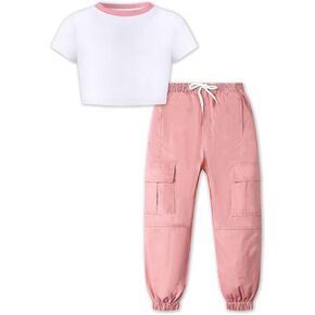 Betusline Girls & Women 2 Piece Outfits, Short Sleeve Crop Top Cargo Pants Trendy Clothing Sets, 4T- Women XL