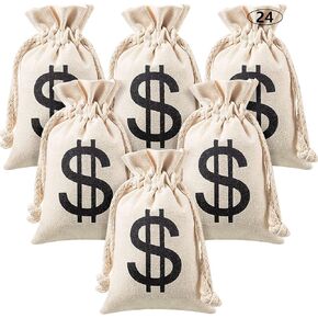 Boao 24 Piece Canvas Money Bag Pouch with Drawstring Closure and Dollar Sign Symbol Money Sacks for Toy Birthday Party Favors, Costume Money Props Pirate Bank Robber Cowboy Cosplay, 4.2 x 7.2 Inches