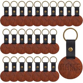 Framendino, 25 Pack Wooden Keychain Blanks Leather Strap Wood Keychain Blanks Round Wood Keyring