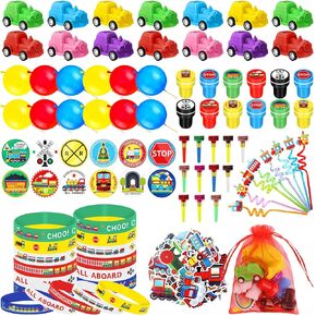 Capoda 146 Pcs Train Party Favors Train Birthday Party Supplies Train Cars Wristbands Organza Bags Straws Noisemakers Button Pins Stampers Stickers Balloons for Boy Girl Train Theme Party Supplies