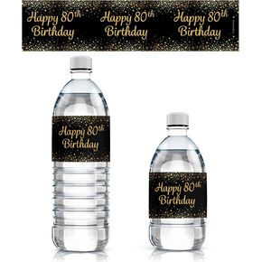 Black and Gold 80th Birthday Party Water Bottle Labels, 80th Birthday Decorations, Waterproof Stickers for Water Bottles - 24 Stickers