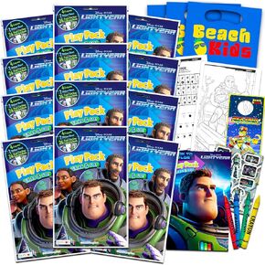Disney Buzz Lightyear Party Favors Pack ~ Bundle Includes 12 Lightyear Play Packs Filled with Stickers, Coloring Books, Crayons with Loot Bags and Door Hanger (Toy Story Party Supplies)