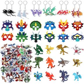 86 Pcs Dragon Theme Birthday Party Favors Include 12 Felt Dragon Masks 12 Mini Dragon Figures 12 Flying Dragon Keychain and 50 Dragons Stickers for Birthday Gift