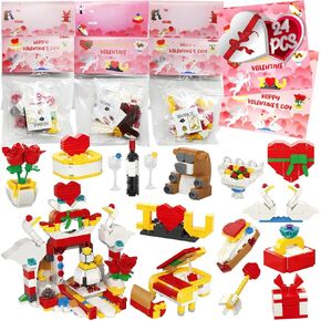 WODMAZ 24 Packs Flower Bouquet Building Blocks with Valentines Gift Cards for Kids Class Valentines Gifts Exchange, Valentine Party Favor