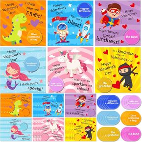 36 Pack Valentine's Day Gift Cards for Kids Valentine Kindness Cards with Envelopes and Tokens for Valentine Party Favors, School Classroom Prizes, Exchanging Gifts