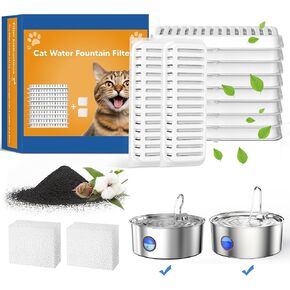 Pet Water Fountain Filters for 8L/270oz Stainless Steel Dog Water Fountain, 10 Packs Filters & 2 Sponges Set, Multi-Filtration System, 10 Months Set of Replacement Filters for 8L Pet Water Fountain