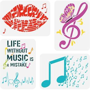 FINGERINSPIRE 4 pcs Music Painting Stencil 8.3x11.7 inch Reusable Musical Notes Lips Butterfly Drawing Template Life Without Music is a Mistake Stencil for Painting on Wood Wall Fabric Furniture