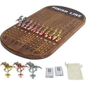 Horse Race Board Game Racing Game Solid Wood with 11 Luxurious Durable Classic Metal Horses with 4 Dice and 2 Boxes of Cards Finish Line Horse Racing Game (Rustic Brown)