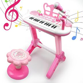 Kids Piano Toy Keyboard with Bench - Rose Pink 31 Keys Portable Electronic Multi-Functional Music Instrument with Microphone and Chair 3 4 5 Years Girls Birthday Gift