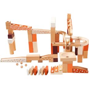 Wooden Marble Run Blocks for Kids 4-8, 80 Pieces Wood Building Blocks Toys and Construction Play Set, Neutral Colored Marble Track Maze Game STEM Learning Toys Gifts for Boys Girls (80pc Set)