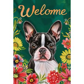 DIY 5D Diamond Art Painting Kits Boston Terriers Dog Welcome Garland Full Drill Round Diamond Art Paint by Number Kits for Beginner Embroidery Cross Stitch for Wall Decoration(30x40cm)