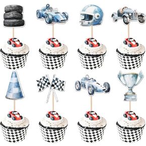40 PCS Race Car Cupcake Toppers Checkered Flag Racing Car Cupcake Picks Wheel Trophy Helmet Cupcake Decoration for Let's Go Racing Theme Baby Shower Birthday Party Cake Decorations Supplies Blue