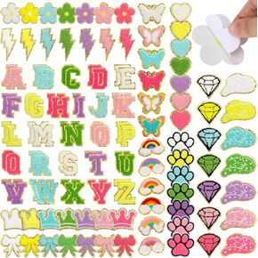120 Pcs Chenille Embroidered Patches, Self Adhesive Chenille Iron on Letters Patches Rainbow Lightning Heart Patches Applique Sewing Badges Patch for Fabric Clothing Jackets Jeans DIY