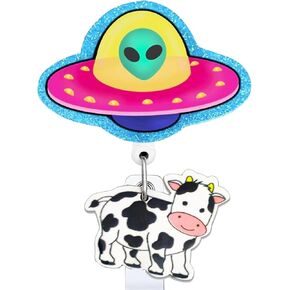 Funny UFO Cow Badge Reel: Cute Animal Pediatric Peds Badge Reel Holder Retractable with ID Clip for RN CNA Nursing Students Medical Assistant