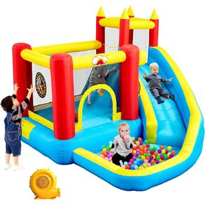 Inflatable Bounce House with Slide, Jumping Castle with Blower, Climbing Wall, Dartboard, Basketball Hoop and 50 Ball Pit Balls, 108x122x86 Inch Bouncy Castle