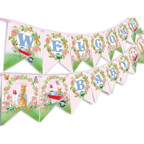 Peter Welcome Baby Banner Pennant - Baby Shower Decoration - Rabbit Shower Supplies - Pink Banner
