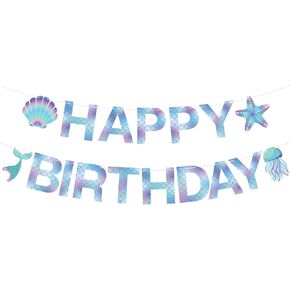Mermaid Birthday Banner Sign, Mermaid Happy Birthday Bunting Banner Flag Garland for Girls Kids Baby Birthday Party, Baby Shower Decorations Supplies