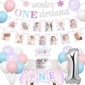 JOYMEMO Winter Onederland 1st Birthday Party Decorations for Girl, Pink Blue Purple Snowflake High Chair Banner, Monthly Photo Garland, Cake Topper, Winter Wonderland First Birthday Party Supplies