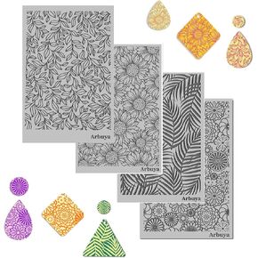 Arbuya Boho Style Flowers Leaves Polymer Clay Texture Sheets for Earring Jewerly Making,Sunflowers Dahlia Texture Mat for Polymer Clay Projects Polymer Clay Earrings Tools，4pcs/Pack