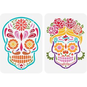 FINGERINSPIRE 2PCS Sugar Skull Couple Painting Stencil 8.3x11.7inch Day of The Dead Skull Stencil Halloween Skeleton Stencils Halloween Themed Stencil for DIY Holiday Party Home Decoration