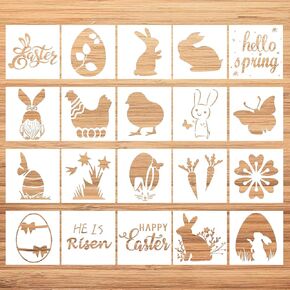4 * 4 Inch Easter Stencils Set,Easter Stencils for Painting on Wood Slice, 20 Pcs Reusable Stencil Set Including Bunny Eggs Happy Easter for Easter Party Decorations