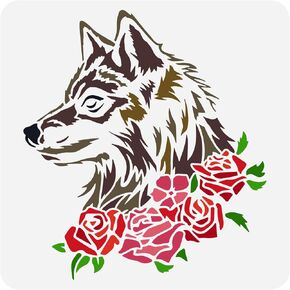 FINGERINSPIRE Wolf Rose Painting Stencil 11.8x11.8inch Reusable Floral Wolf Stencil Plastic Rose Drawing Template Animal Theme Stencil Hollow Out Stencils for Painting on Wood Wall DIY Home Decor