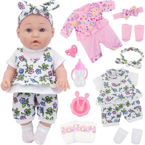 12 Inch Baby Doll with Clothes and Accessories,16 Pcs Reborn Alive Baby Doll Playset Sets include 12 Inch Doll,2 Sets of Doll Clothes,Headband,Soft Doll Socks,Tableware ,Feeding Bottle, Diapers,Nipple