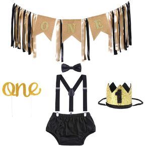 زي Boy Cake Smash - زينة عيد الميلاد الأول، زي Smash Cake وحمالات، لافتة عيد ميلاد، تاج، أغطية الكعكة (أسود) in Kuwait