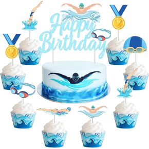 JOYMEMO 25 Pcs Swim Party Cake Decorations - Swimming Happy Birthday Cake Topper with Cupcake Toppers Double Sided Printing for Swim Pool Theme Birthday Party Supplies