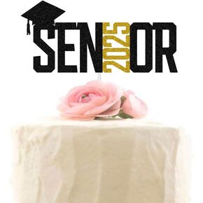 XIUHUBA Senior 2025 Cake Topper, Congrats Grad Cake Deco, Graduation Party Decorations，2025 Graduate Party Supplies (Gold & Black Glitter)