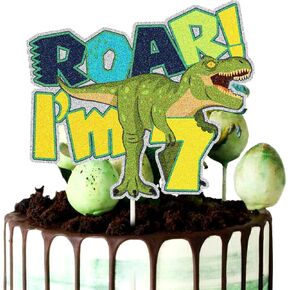 Glitter Roar Dinosaur I’M 7 Cake Topper for Baby's 7 ​Years Old Birthday Party Decorations, Jurassic Park T-Rex 7th Birthday Cake Deco