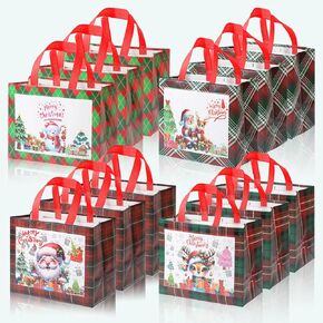12 Pieces Christmas Plaid Large Gift Bags with Handles Reusable Red Grocery Shopping Bags, Multifunctional Non-Woven Christmas Gift Bags for Gift Wrapping, Christmas Party Supplies 12.8“ x 9.8" x 6.7"