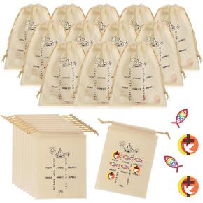 24 Set Christian Tic Tac Toe Game Gift for Kids Religious Favors with Jesus Bible 240 Mini Wooden Jesus Fish Game 24 Drawstring Bags for Kids Sunday School Prize Church Christmas Supplies