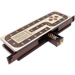Continuous Cribbage Board/Box Inlaid in Wenge Wood/Maple : 4 Track - Cards & Pegs Storage Drawer with Score Marking Fields for Skunks, Corners and Won Games