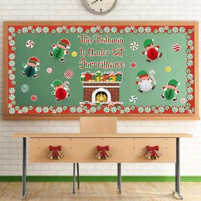 Whaline 3D Christmas Honeycomb Bulletin Board Decoration Set Red Green Xmas Elf Candy Cane Cutouts and 3D Paper Flower Balls with 200Pcs Glue Points for New Year Party Home Classroom, 61Pcs