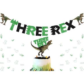 Dinosaur Three Birthday Decorations - Three Rex Cake Topper, Green Black Glittery Three Rex Banner for Boys 3rd Birthday Party Jungle Dinosaur Theme Party Supplies