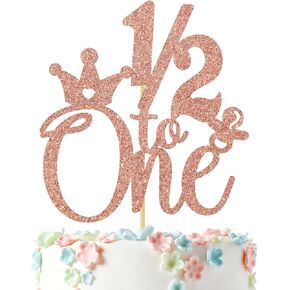 1/2 to One Cake Topper - Happy 6 Months/Half Year Birthday Cake Decor for Baby - Happy 1/2 Birthday Party Decorations Supplies for Baby Boys Girls, Rose Gold Glitter
