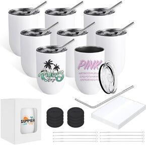 8 Pack 12 oz Sublimation Wine Tumblers Bulk, Double Wall Vacuum Insulated Stainless Steel Mug with Spillproof Sliding Lid, Stainless Steel Straw and Sublimation Shrink Wrap Sleeve, White