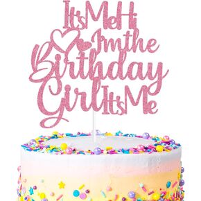 It's Me Hi I'm the Birthday Girl It's Me Cake Topper, Girl's Birthday Cake Decor, Glittery Hip Pop Funny Birthday Party Decorations (Pink)
