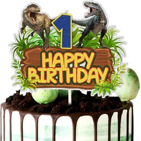 Dinosaur Happy 1st Birthday Cake Topper - Dino Jungle Jurassic One Year Old Party Decorations Multi-layer Combination Park Decor for Kids Boy First Birthday, Gold