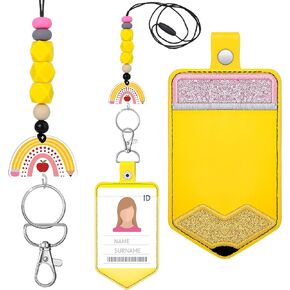 Geyoga 2 Pcs Teacher Pencil Breakaway Lanyard Cute Pencil Silicone Beaded Keychain Accessories Teacher ID Badge Holder with Lanyard for Women Office Gifts Graduation Teachers' Day Christmas