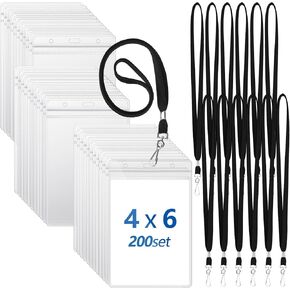 Chuangdi 100 Pcs Large 4 x 6 Inch Clear ID Badge Holder with Lanyard Waterproof Vertical Badge ID Card Holders Clear Plastic Tags Transparent PVC Pouch for Office