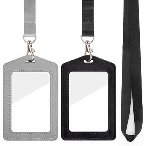 Leather Badge Holder Vertical ID Badge Holder with Lanyard Work Card Holders 2 Sided Clear Window Badge Holder and Detachable Neck Nylon Lanyard for Office and School(Black&Gray)